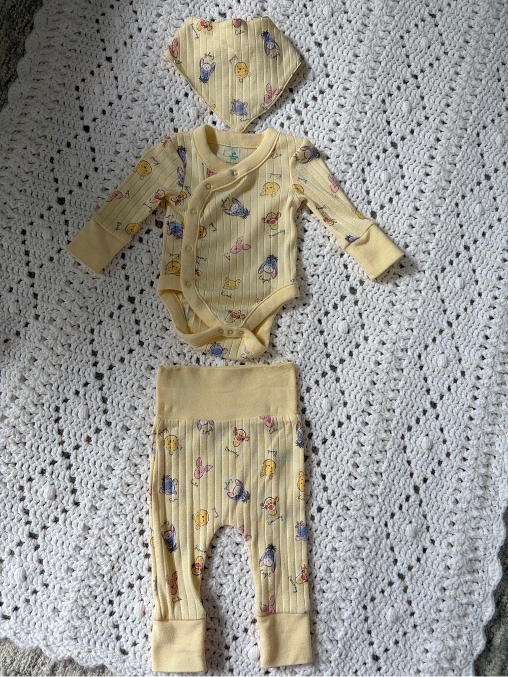Yellow Ribbed Baby One-Piece Set with Winnie the Pooh Print